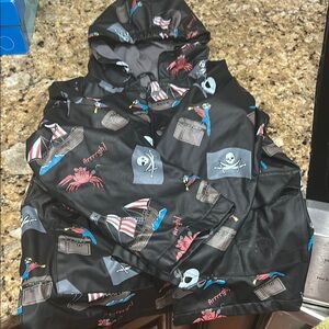 Kids Black Pirate Print Hooded Rain Jacket